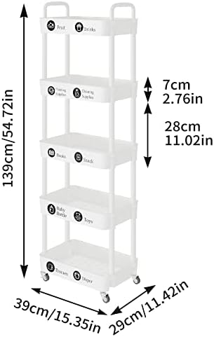 Laiensia 5-Tier Rolling Cart with Wheels,Multifunction Utility Storage Carts, Kitchen Storage Organizer,Mobile Shelving Unit for Bathroom,Laundry,with Classified Stickers,White - Image 6