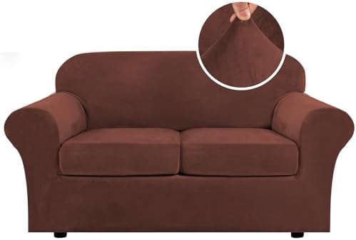 H.VERSAILTEX Real Velvet Plush 3 Piece Stretch Sofa Covers Couch Covers for 2 Cushion Couch Loveseat Covers Width Up to 72 Inch Feature Thick Soft Stay in Place (Medium Sofa, Burnt Brick) by HVERSAILTEX