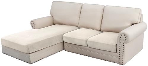 H.VERSAILTEX Velvet Stretch Sectional Couch Covers 3 Pieces, L Shape, Ivory Striped (Large Sofa 2 Seater + 1 Chaise) by HVERSAILTEX