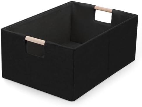 Foldable Fabric Storage Cubes, Cloth Storage Baskets with Wooden Handles, Shelf Closet Organizer Bins, Rectangular Linen Storage Boxes for Decor, 16.5 x 12.2 x 6.7 Inches by Welcometobuy
