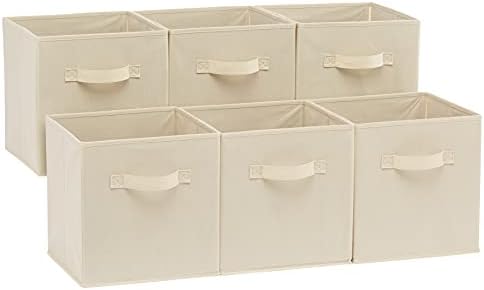 Amazon Basics Collapsible Fabric Storage Cubes Organizer with Handles, Sturdy Storage Bins for Organization, 10.5" x 10.5" x 11", Beige, 6-Pack by AmazonBasics