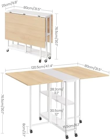 CHOEZON Folding Dining Table, Movable Dining Table, Kitchen Table for Small Space, Foldable and Expandable Desk Furniture with 6 Wheels, for Dining, Living Room, Apartment, White and Natural TCZ01WN - Image 3