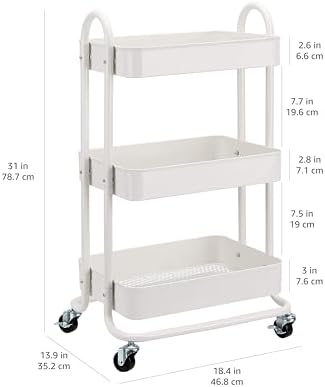 Amazon Basics 3-Tier Rolling Utility Cart, Storage Organizer, Lockable Wheels, Multifunctional Storage, Portable Mobile Shelving Unit, White - Image 5