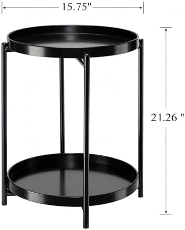 danpinera 2-Tier Round Side Table, Metal End Table with Removable Tray, Small Outdoor Table Accent Table, Anti-Rust Black Nightstand for Bedroom Balcony Patio (Black) - Image 3