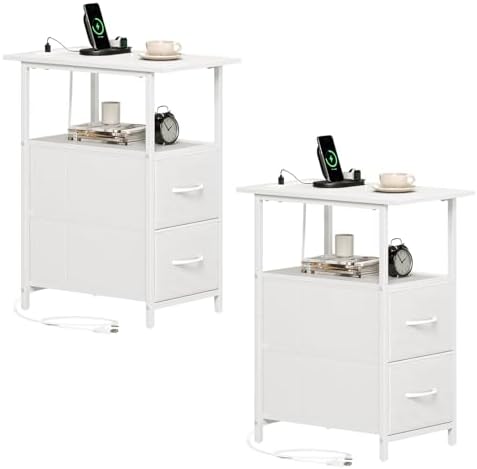 Somdot End Table Set of 2 with Charging Station, 2 Drawers, Slim Side Table by Somdot