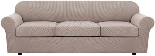 H.VERSAILTEX 4 Piece Stretch Sofa Covers for 3 Cushion Couch Covers Furniture Slipcovers (1 Base Cover Plus 3 Seat Cushion Covers) Thicker Jacquard Fabric Cover (XL Sofa, Khaki Sand) by HVERSAILTEX