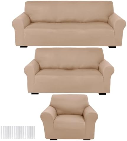 Peryiter 3 Pcs Couch and Loveseat Sofa Covers,Sand,Milk Silk by Peryiter