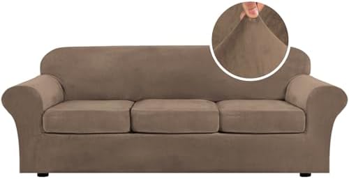 H.VERSAILTEX High Stretch Sofa Slipcover 4 Piece Cover Velvet Furniture Protector Form Fit Thick Velvet Extra Large Sofa Cover for 3 Cushion Couch Width Up to 97 Inch (Large Sofa, Mocha) by HVERSAILTEX