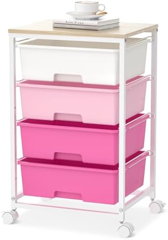 SYKIARIOL Rolling Cart with Drawers, 4-Drawer Utility Cart, Pink by SYKIARIOL