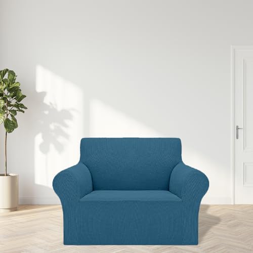 Cupuamon 2026 New Stretch Chair Sofa Slipcovers Couch Cover for 1 Seater Furniture Protector Sofa Covers with Elastic Bottom Jacquard Fabric Small Checks for Pets, Kids - Peacock Blue - Image 3