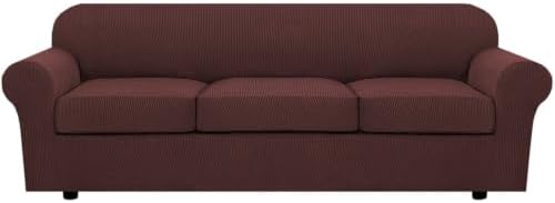 H.VERSAILTEX 4 Piece Stretch Sofa Covers for 3 Cushion Couch Covers for Living Room Furniture Slipcovers (Base Cover Plus 3 Seat Cushion Covers) Thicker Jacquard Fabric (Large Sofa, Burnt Brick) by HVERSAILTEX