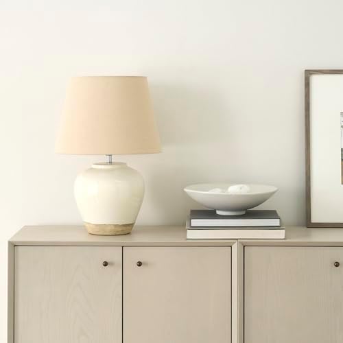 Nourison Home 20" Two-Tone White and Tan Glossy Ceramic Table Lamp, Bedside Nightstand Lamp with Warm Beige Shade for Bedroom, Living Room, Entryway - Image 4