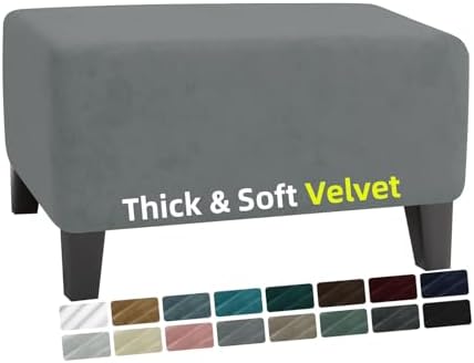 MAXIJIN Velvet Ottoman Cover Rectangular Stretch Square Ottoman Covers Slipcover Rectangle Washable Foot Stool Cover Thick Storage Protector with Elastic Bottom (Ottoman Small, Light Grey) by MAXIJIN