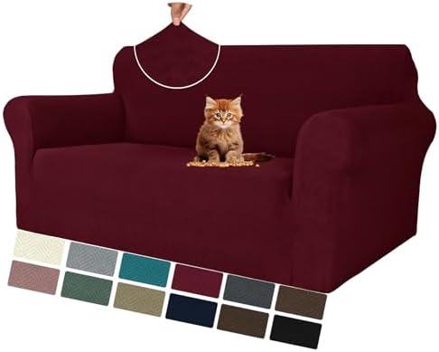 MAXIJIN Loveseat Cover Sofa Covers (55"-69"), 1-Piece Stretch Couch Covers for 2 Cushion Couch Love Seat Slipcover with Elastic Bottom for Kids,Dog (Loveseat, Diamond Pattern Wine Red) by MAXIJIN