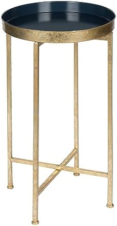 Kate and Laurel Celia Round Metal Foldable Tray Accent Table, Navy Blue with Gold Base by KateandLaurel