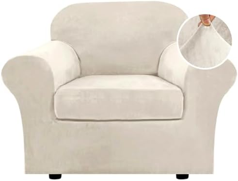 H.VERSAILTEX Rich Velvet Stretch 2 Piece Cover Chair Slipcover Sofa Cover Furniture Protector Couch Soft with Elastic Bottom Chair Couch Cover with Arms Width Up to 49 Inch(Chair, Ivory) by HVERSAILTEX