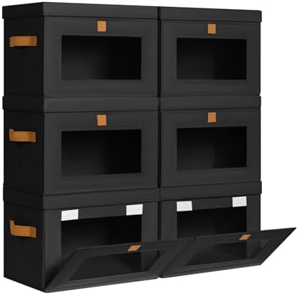 DIMJ Storage Bins with Lids - 6 Pack Front Opening Stackable Fabric Storage Boxes with Clear Window & Handles, Collapsible Closet Organizers for Clothes, Sweaters, Shelf Storage, Bedroom, Black by DiMJ