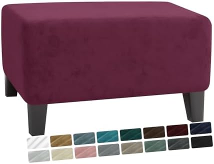 MAXIJIN Velvet Ottoman Cover Rectangular Stretch Square Ottoman Covers Slipcover Rectangle Washable Foot Stool Cover Thick Storage Protector with Elastic Bottom (Ottoman Large, Wine Red) by MAXIJIN