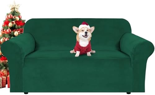 H.VERSAILTEX Stretch Velvet Loveseat Covers for 2 Cushion Couch Covers for Living Room Sofa Covers Slipcovers with Non Slip Straps Bottom, Ultra Thick Comfy Velour (Width 58"-72", Christmas Green) by HVERSAILTEX