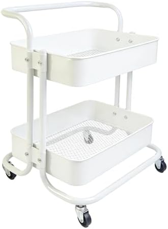 2 Tier Cart with Wheels Under Desk Storage with Handle, Metal Rolling Pantry Cart for Kitchen White Small Rolling Basket for Laundry Room Bathroom, Utility Shelf Organizer for Small Space by Ufriandz