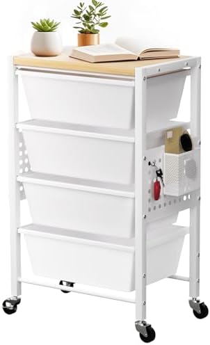 Rolling Cart with 4 Drawers, Plastic Drawer Storage Carts with Wheels & Wooden Tabletop, Metal Utility Cart with Pegboards, Office Living Room Classroom Craft Organization and Storage, Bright White by TimeForest