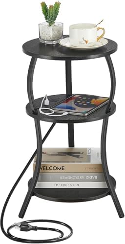 YEAKOO Small Side Table with Charging Station,3-Tier Round end Table by YEAKOO