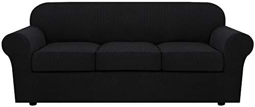 H.VERSAILTEX 4 Piece Stretch Sofa Covers for 3 Cushion Couch Covers for Living Room Furniture Slipcovers (Base Cover Plus 3 Seat Cushion Covers) Upgraded Thicker Jacquard Fabric (Large, Black) by HVERSAILTEX
