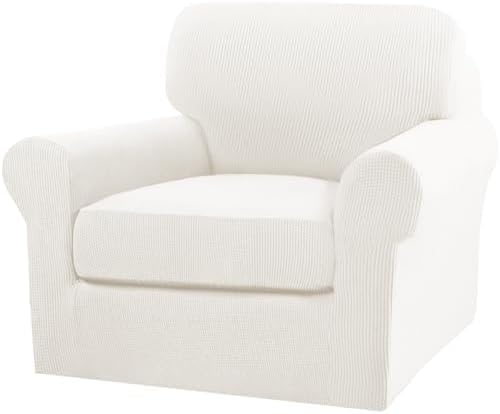 Turquoize 2 Piece Chair Covers Armchair Slipcovers for Living Room Armchair Sofa Cover with Individual Cushion Covers Feature Jacquard Fabric (Chair, Porcelain White) by Turquoize