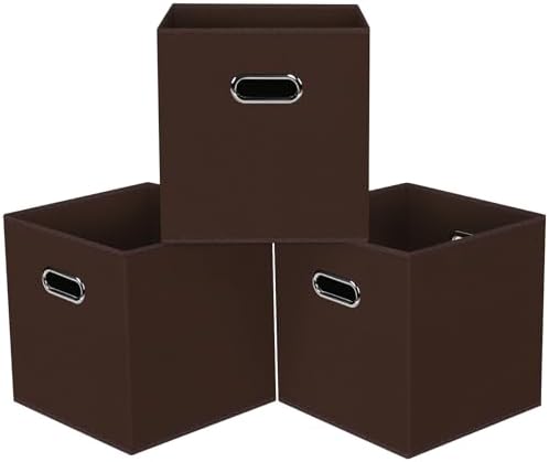 Black Foldable Storage Cubes Bins, Fabric Storage Box Cubes Organizer Baskets with Dual Handles for Home Organizer,Set of 3,(Coffee) by HEAYEEG