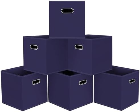 Black Foldable Storage Cubes Bins, Fabric Storage Box Cubes Organizer Baskets with Dual Handles for Home Organizer,Set of 6,(Navy Blue) by HEAYEEG