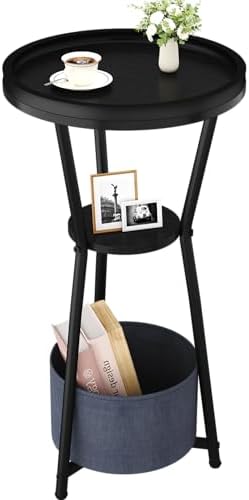 Yusong Round Side Table, Small Drink Table for Small Spaces, 3-Tier Industrial End Table, Accent Nightstand Bedside Table for Living Room, Bedroom, Sofa Couch, Black by Yusong