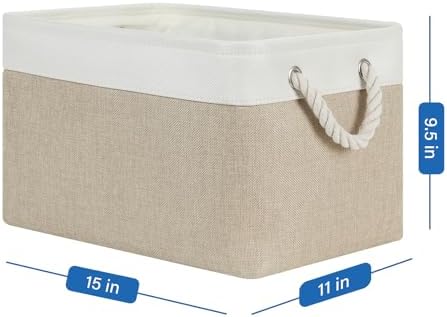 Temary Fabric Storage Baskets 4Pack Storage Bins Decorative Basket for Gift, Clothes Bin with Rope Handle, Rectangle Baskets for Storage, Blankets(White&Khaki,15x11x9.5 inch) - Image 2