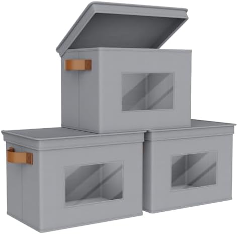 Univivi Fabric Storage Bins with Lids for Clothes 3 Pack, Grey by Univivi