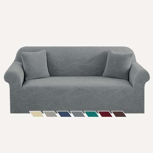 YEMYHOM Couch Cover Latest Jacquard Design High Stretch Sofa Covers for 3 Cushion Couch, Pet Dog Cat Proof Slipcover Non Slip Magic Elastic Furniture Protector (Large, Begonia Leaf Dark Gray) by YEMYHOM