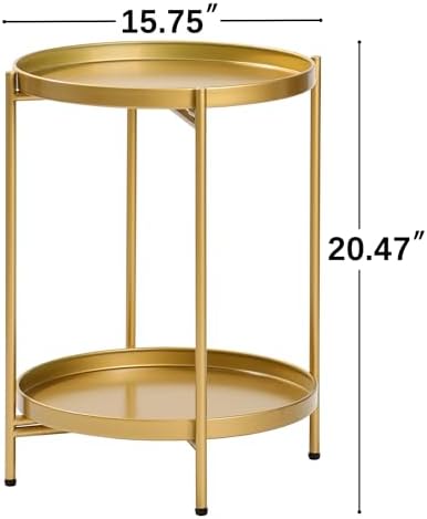 2-Tier Round End Side Table, Small Metal Side Table with Removable Tray, Folding Accent Tables for Living Room, Balcony, Nightstand for Bedroom, Outdoor Tables for Patio, Gold - Image 3