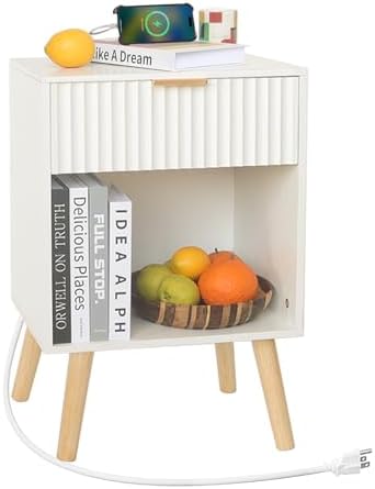 Fultyle White Nightstand with Charging Station, Fluted Bedside Table by Fultyle
