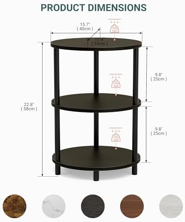 Round Pedestal End Table - 3-Tier Oval Accent Table for Small Spaces, Rustic Wood and Metal Couch Side Table, Nightstand for Bedroom or End Table Living Room, Easy to Assemble, Charcoal Wenge - Image 2