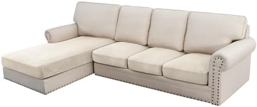 H.VERSAILTEX Velvet Stretch Sectional Couch Covers - 4 Piece Set, L Shape, Ivory Striped (Large Sofa 3 Seater + 1 Chaise) by HVERSAILTEX