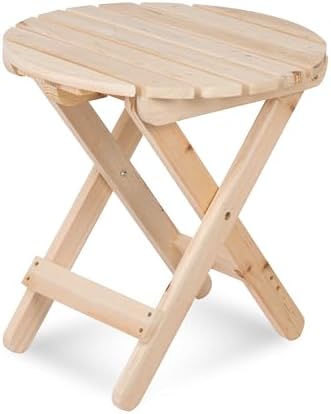 Shine Company Round Wooden Folding Solid Wood Side Table, Outdoor Adirondack Small Patio Table, Natural by ShineCompany