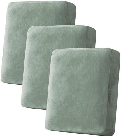 H.VERSAILTEX Velvet Stretch Couch Cushion Cover Plush Cushion Slipcover for Chair Loveseat Sofa Cushion Furniture Protector Seat Cushion Sofa Cover (3 Piece Sofa Cushion Covers, Sea Grass) by HVERSAILTEX