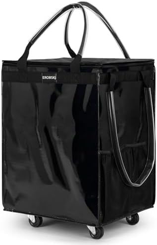 (Medium,Black) Reusable Grocery Bag on Wheels, Foldable Rolling Tote Bag by EROBSKJ