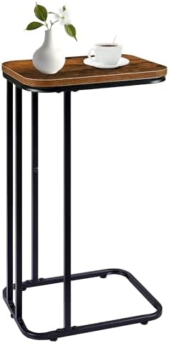 KJGKK C Shaped End Table, 27 Inches High Small Side Table for Sofa and Bed, Couch Table Slides Under, Tall Tv Tray Table for Living Room, Bedroom, Metal Frame, Rustic Brown & Black by KJGKKHOME