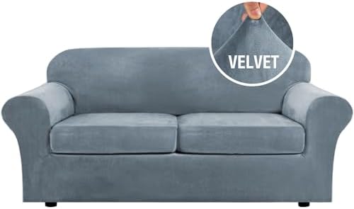 H.VERSAILTEX Real Velvet Plush 3 Piece Stretch Sofa Covers Couch Covers for 2 Cushion Couch Sofa Slipcovers Width Up to 90 Inch Feature Thick Soft Stay in Place (Large Sofa, Stone Blue) by HVERSAILTEX