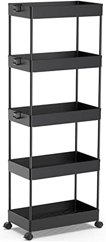 SPACEKEEPER 5 Tier Storage Rolling Cart, Bathroom Cart with Wheels, Black by SPACEKEEPER