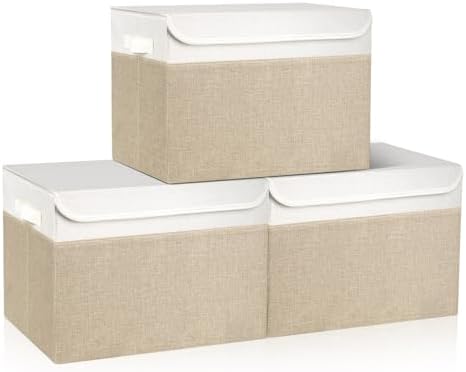 Bagnizer Large 17" 42 Quarts Collapsible Stackable Storage Bins with Lids [3-Pack] Foldable Fabric Linen Storage Boxes Cube, Closet Organizer Baskets with Label (16.7 x 12 x 12, Beige & White) by Bagnizer