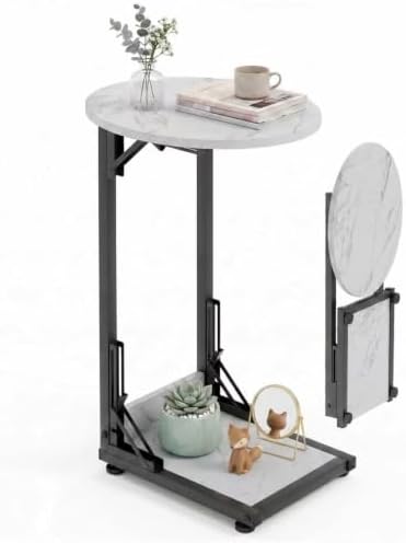 Folding Side Table, C Shaped End Table with Metal Frame, Round Couch Table & Slide Under Sofa TV Tray Table for Living Room, Bedroom, Small Spaces (Marble White) by Fleecy+day