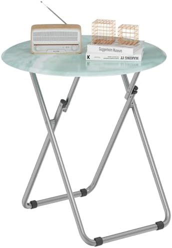 Folding TV Trays, Round Tray Table, Small Foldable Table with Light Weight, Portable Dinner Table for Eating, Snack Side Trays Table, 17.5 x 17.5 x 26 in (Ocean Blue Marble) by Fleecy+day