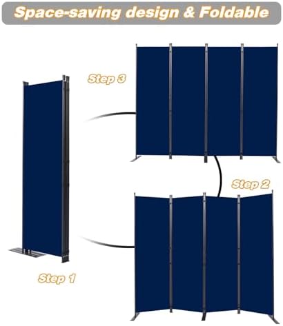 Room Divider, 4 Panel Folding Privacy Screens with Wider Feet, Navy Blue - Image 5