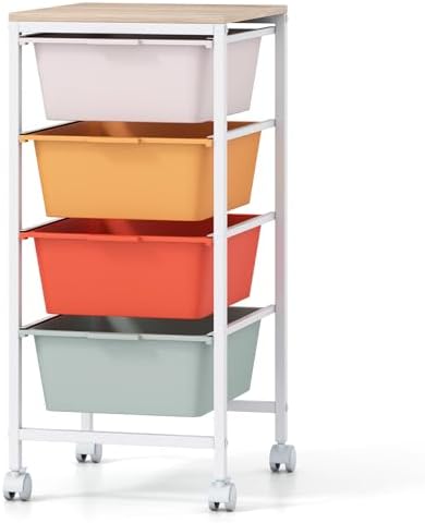 Giantex Rolling Storage Cart with 4 Drawers, Utility Cart w/Wooden Tabletop, Lockable Wheels, Multipurpose Organizer for Art Craft Scrapbook Paper, Drawer Carts for Dorm Classroom Office, Macaron by Giantex