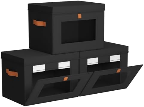 Homsorout Storage Bins with Lids - Front Opening Storage Box with Clear Window & Handles, Stackable Foldable Fabric Bins for Closet Organization, Clothes, Sweaters, Towels, Blankets, 3 Pack, Black by Homsorout